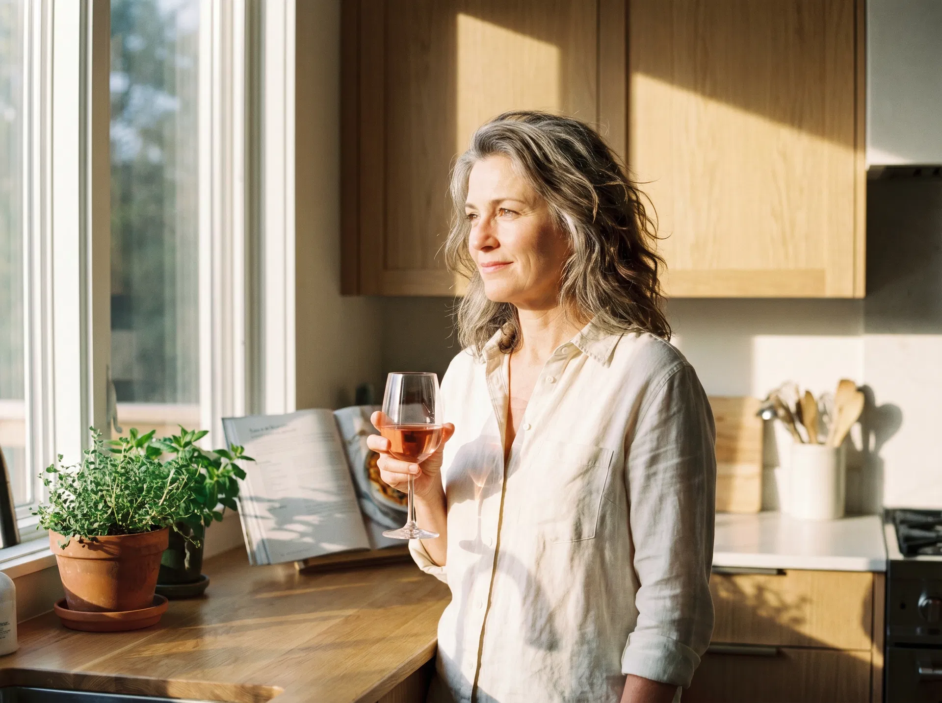 Woman in her kitchen during a quiet morning ritual
