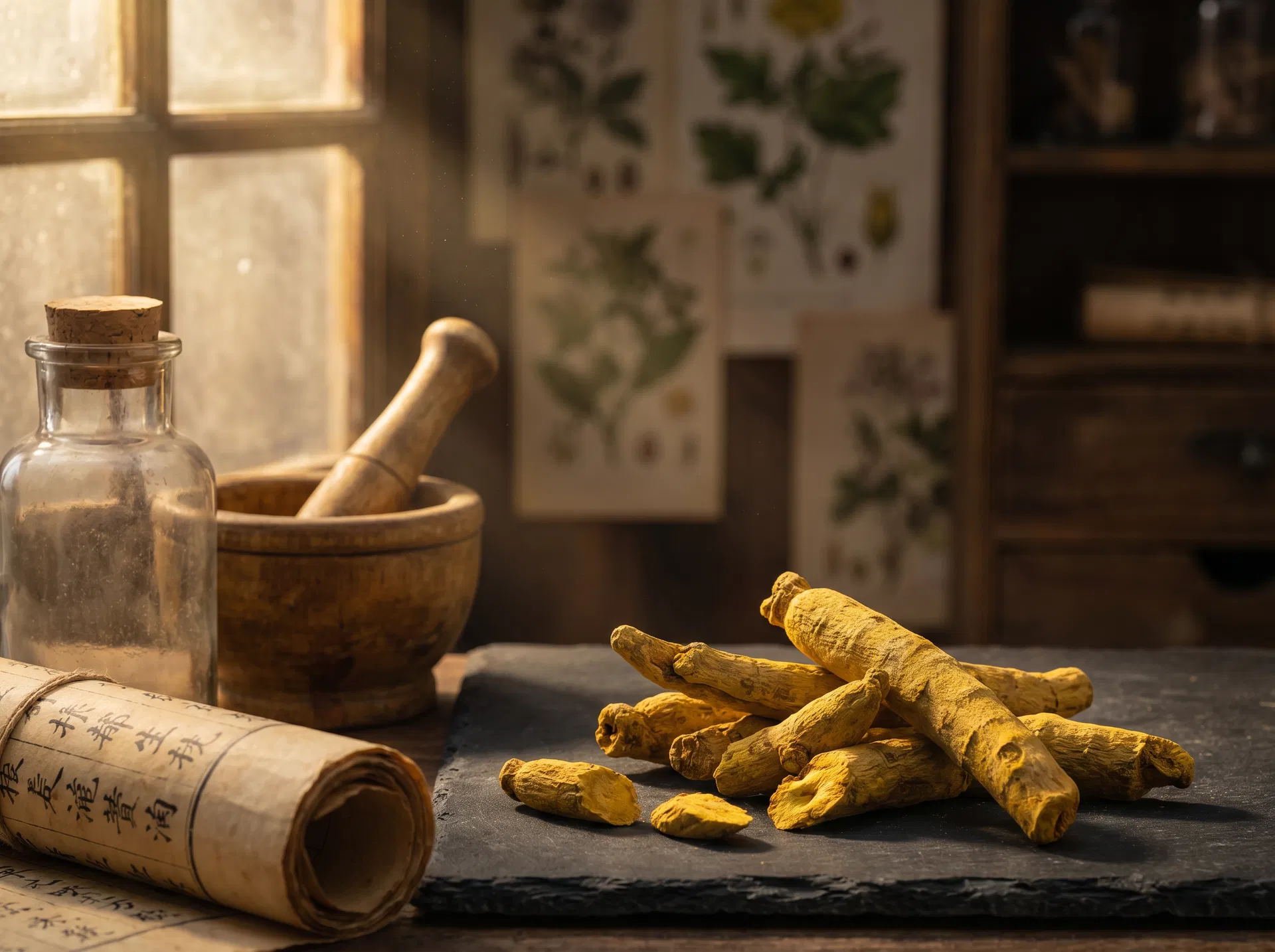 Dried berberine root with apothecary mortar and ancient Chinese scroll