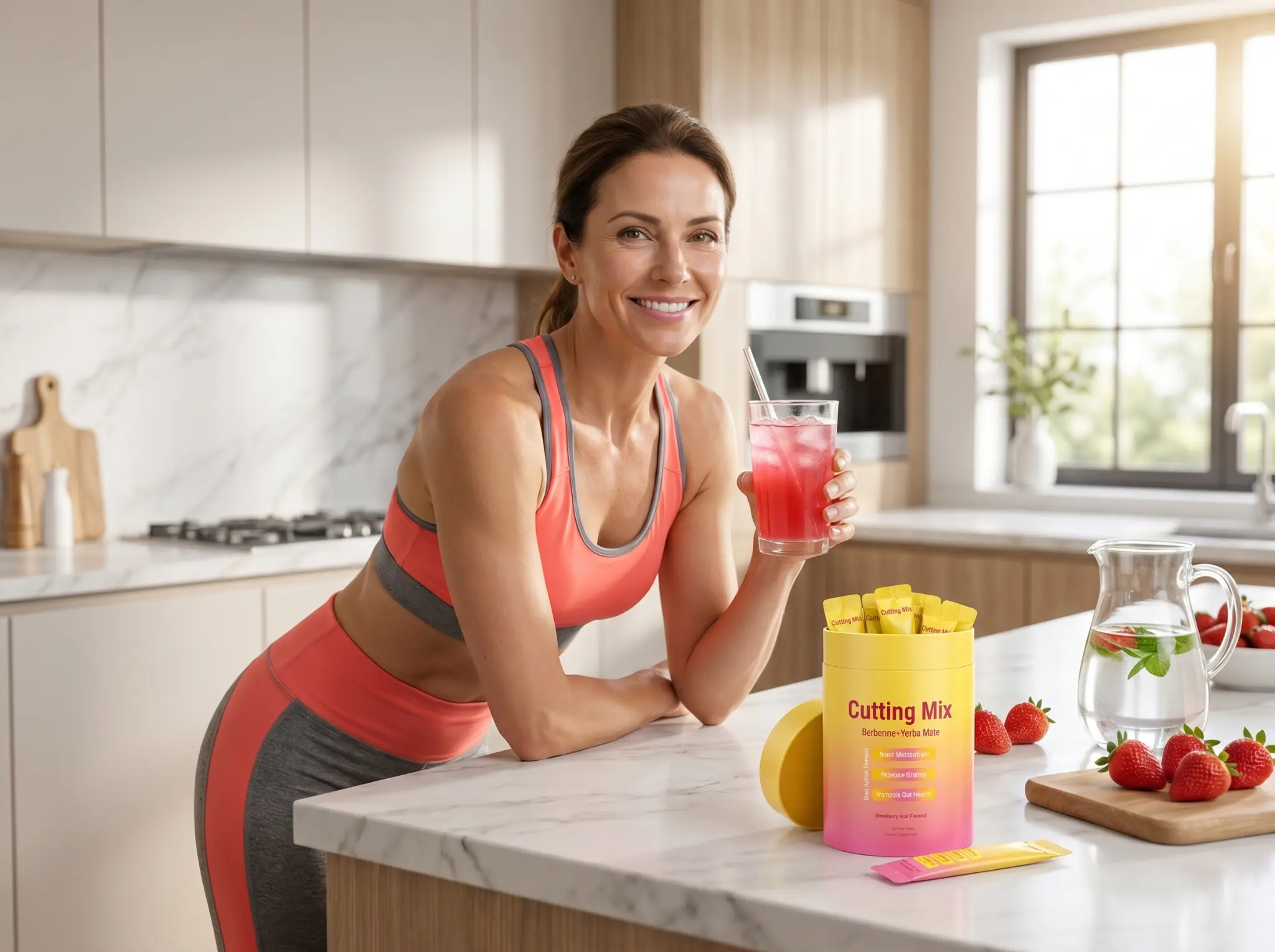 NATRAVOR's Cutting Drink Mix on a kitchen counter with a woman holding a glass of pink strawberry-acai juice